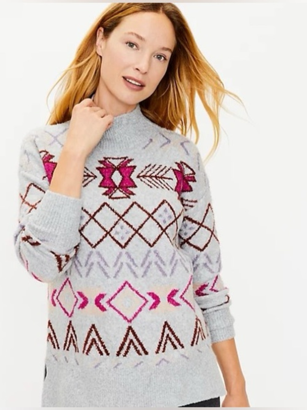 NWT Oversized Lou & Grey Light Blue Turtleneck Sweater with Aztec Motif Large